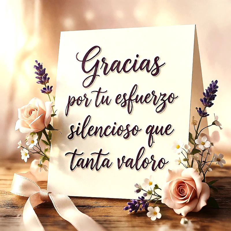 Tarjeta de agradecimiento sobre mesa de madera decorada con rosas claras y flores de lavanda, texto escrito en cursiva que dice Gracias por tu esfuerzo silencioso que tanto valoro