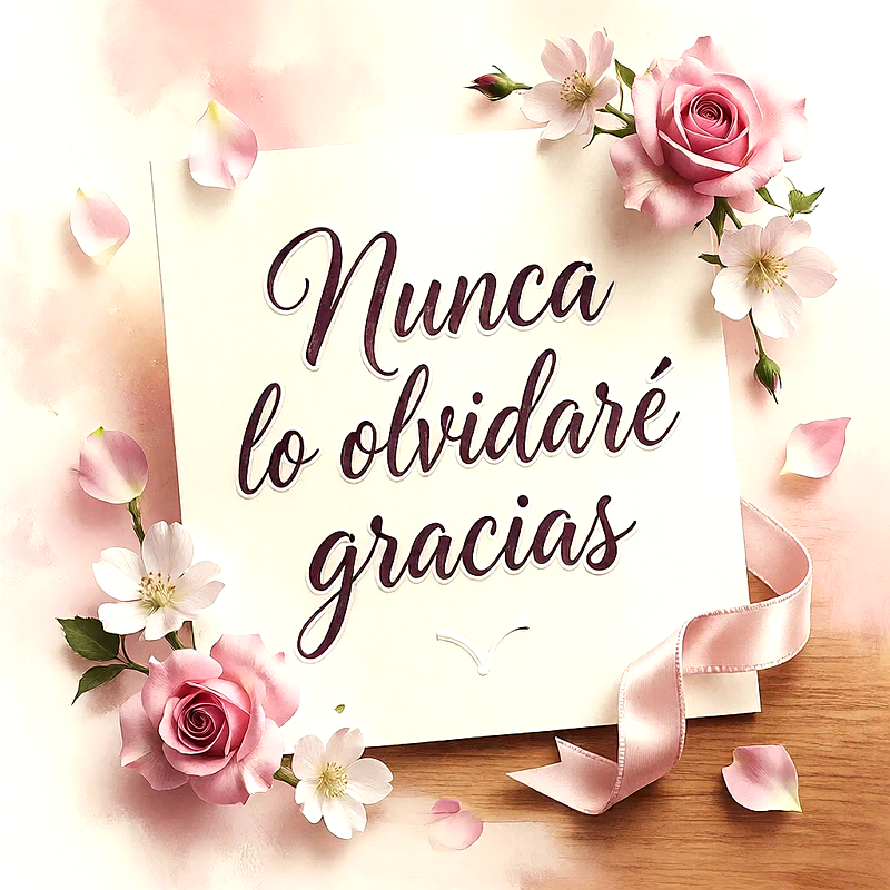 Tarjeta blanca con el texto Nunca lo olvidaré gracias, decorada con flores rosas, pétalos sueltos y una cinta rosada sobre fondo claro.