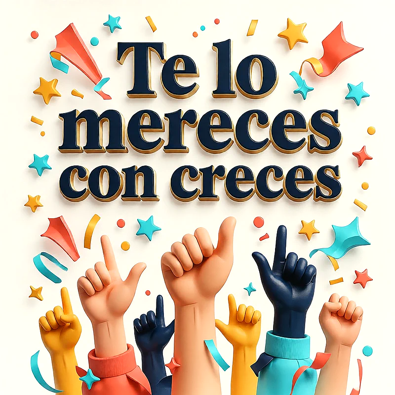 Manos alzadas celebrando entre confeti de colores y estrellas, con mensaje de felicitación en letras oscuras con relieve.