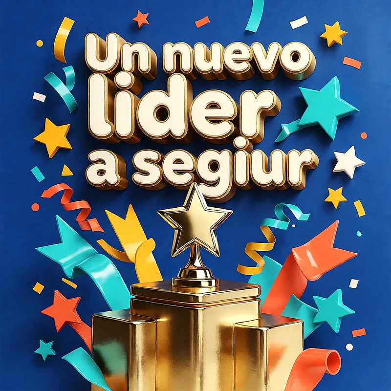 Trofeo dorado con estrella sobre podio, rodeado de cintas de colores, estrellas y confeti con fondo azul y mensaje en letras 3D.