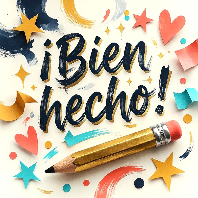 Dibujo de un lápiz dorado rodeado de estrellas de colores, corazones y confeti con un mensaje de felicitación pintado a mano sobre fondo claro.