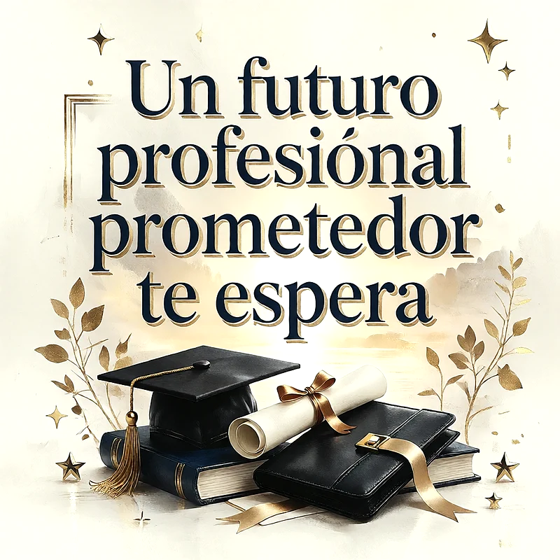 Birrete de graduación negro sobre libros, diploma enrollado con cinta dorada y agenda, adornado con ramas doradas y estrellas, mensaje de felicitación en letras oscuras.
