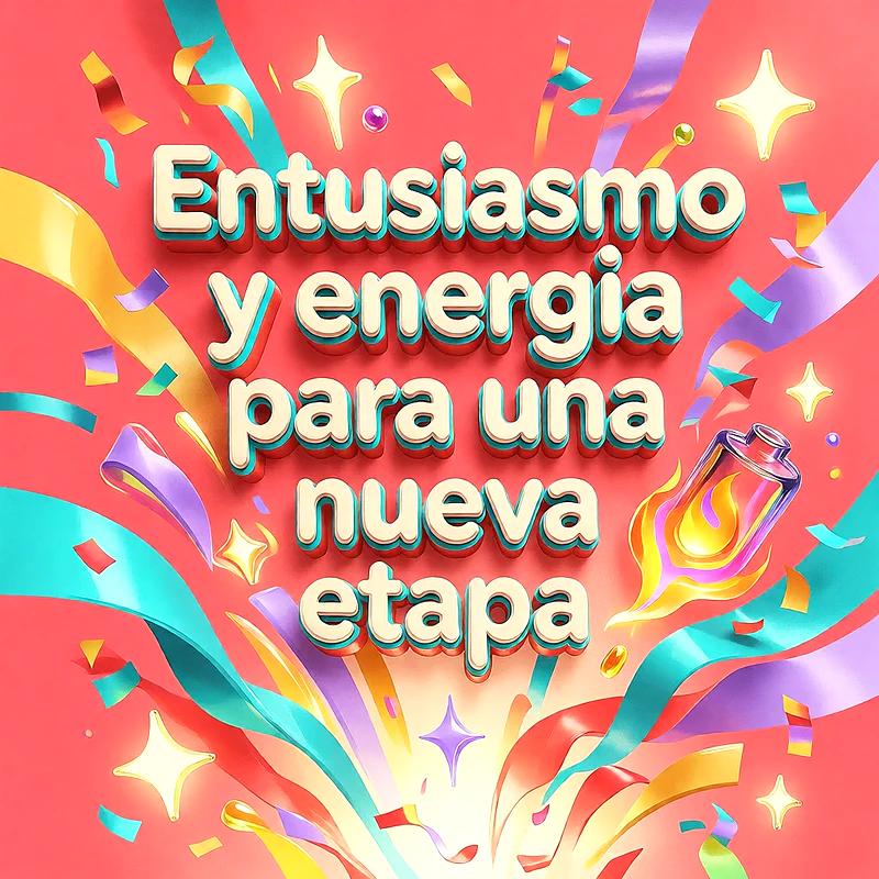 Fondo festivo de color rosa con cintas multicolores, confeti, destellos y un mensaje de felicitación en letras con relieve 3D.