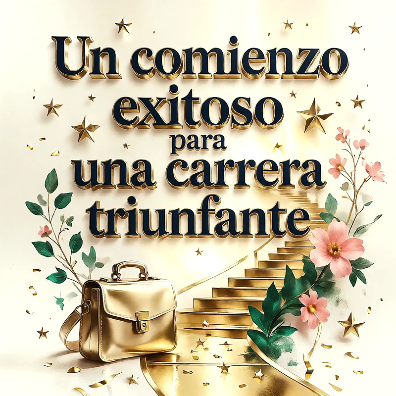 Imagen de felicitación por nuevo trabajo con un maletín dorado y una escalera hacia el éxito, decorada con flores rosas y estrellas, mensaje con letras doradas.