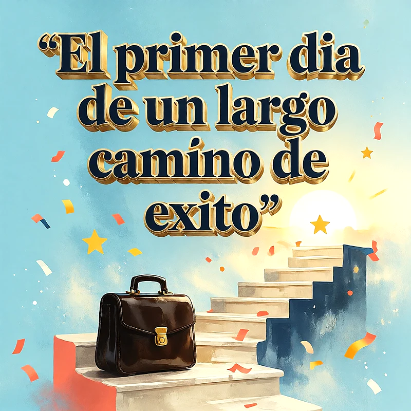 Maletín de cuero sobre una escalera que sube hacia el cielo brillante con confeti y estrellas, mensaje de felicitación en letras doradas con relieve.