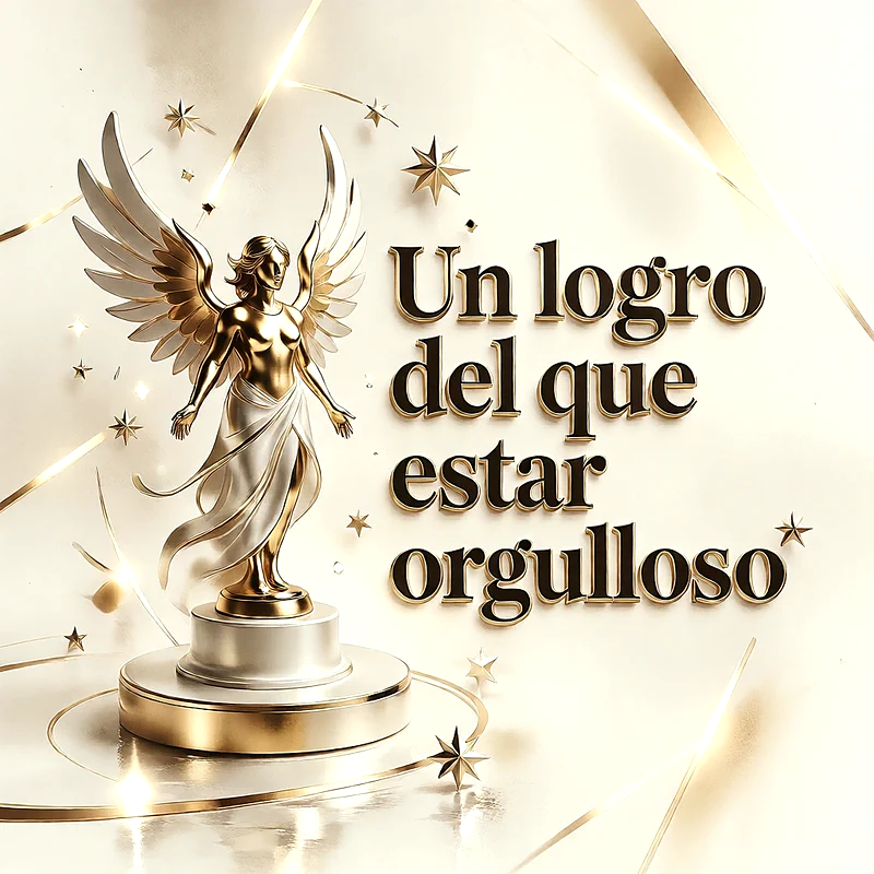 Estatuilla dorada con alas sobre un pedestal blanco rodeada de estrellas y mensaje de felicitación en letras doradas.