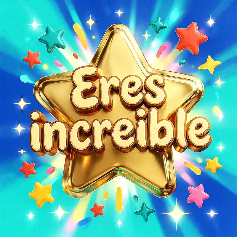 Estrella brillante en 3D sobre fondo azul con destellos y estrellas coloridas, mensaje de reconocimiento en letras doradas.