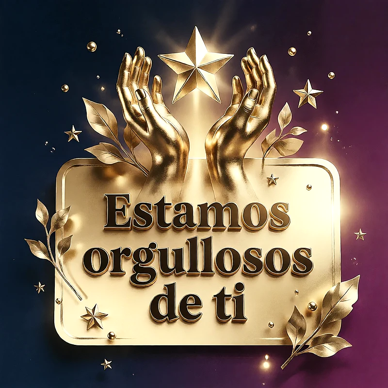 Placa dorada con manos alzadas sosteniendo una estrella brillante, decorada con hojas doradas y pequeñas estrellas sobre un fondo púrpura, mensaje de felicitación en letras doradas.