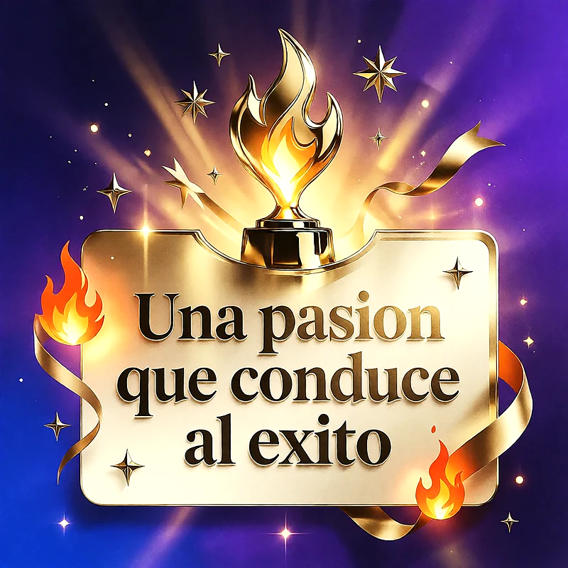 Placa dorada con mensaje de felicitación en letras oscuras, coronada por un trofeo con forma de llama dorada sobre un fondo morado con estrellas.