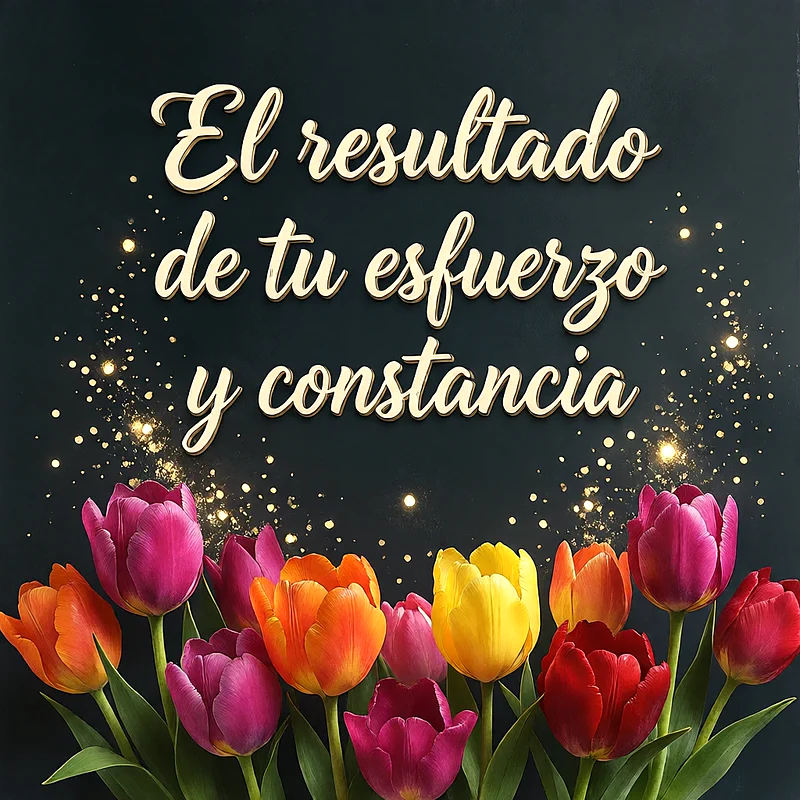 Tulipanes de colores rosa, amarillo y naranja sobre fondo negro con destellos dorados y un mensaje de felicitación en letras doradas.