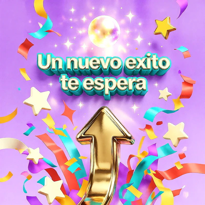 Flecha dorada apuntando hacia arriba rodeada de confeti multicolor y estrellas sobre un fondo morado, con mensaje de felicitación en letras turquesas.