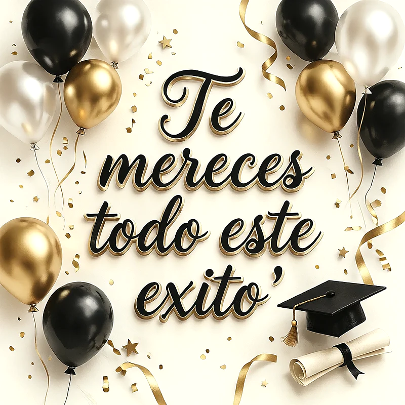 Globos negros, blancos y dorados con confeti brillante, birrete negro con borla dorada, diploma enrollado y mensaje de felicitación central.