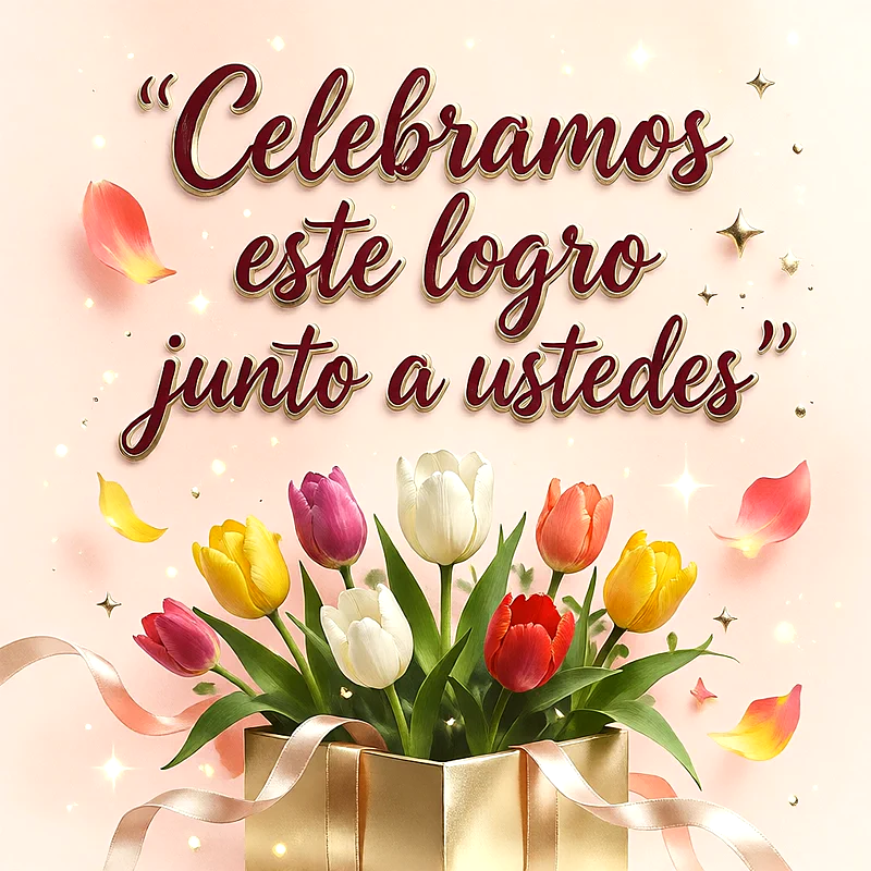 Caja de regalo dorada con ramo de tulipanes coloridos, pétalos flotando y destellos luminosos, con un mensaje de felicitación en letras elegantes.