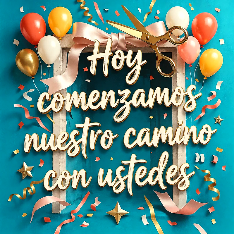 Tijeras cortando una cinta de inauguración rodeadas de globos coloridos, confeti y estrellas sobre fondo azul, con un mensaje de felicitación en letras doradas.