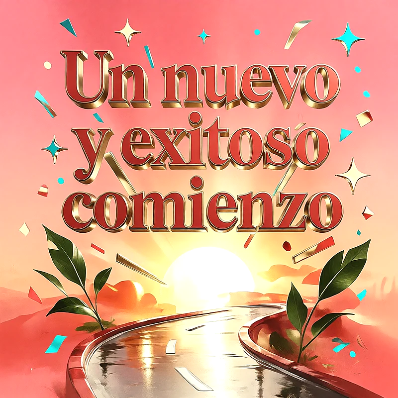 Carretera iluminada por el sol naciente con plantas verdes, confeti festivo y un mensaje de felicitación en letras rojas con bordes dorados.