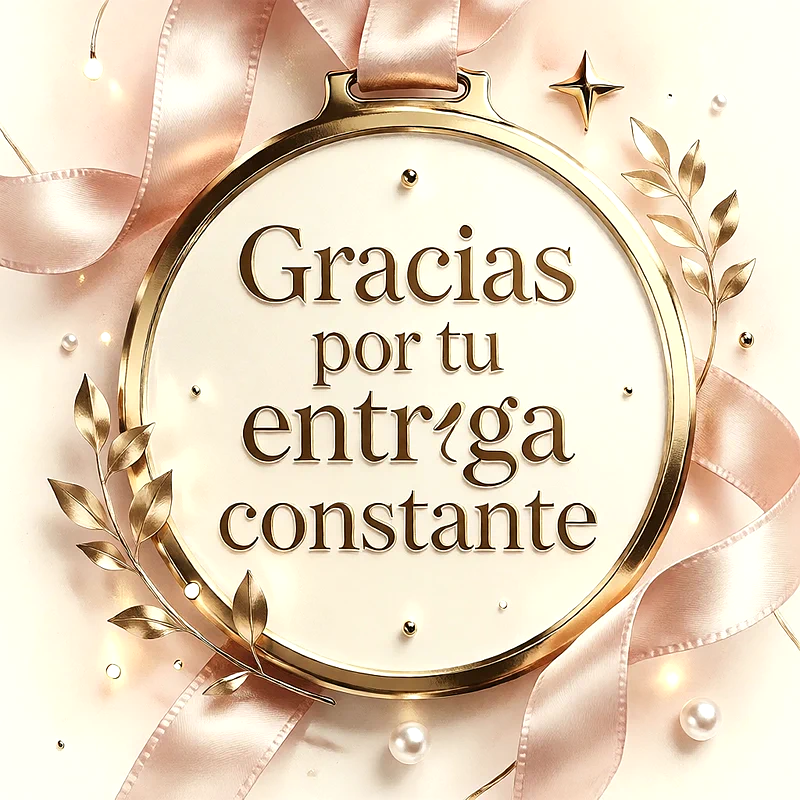 Medalla circular de marco dorado con cinta de tela en tono rosa, adorno de hojas doradas, perlas pequeñas y mensaje de felicitación en letras doradas.