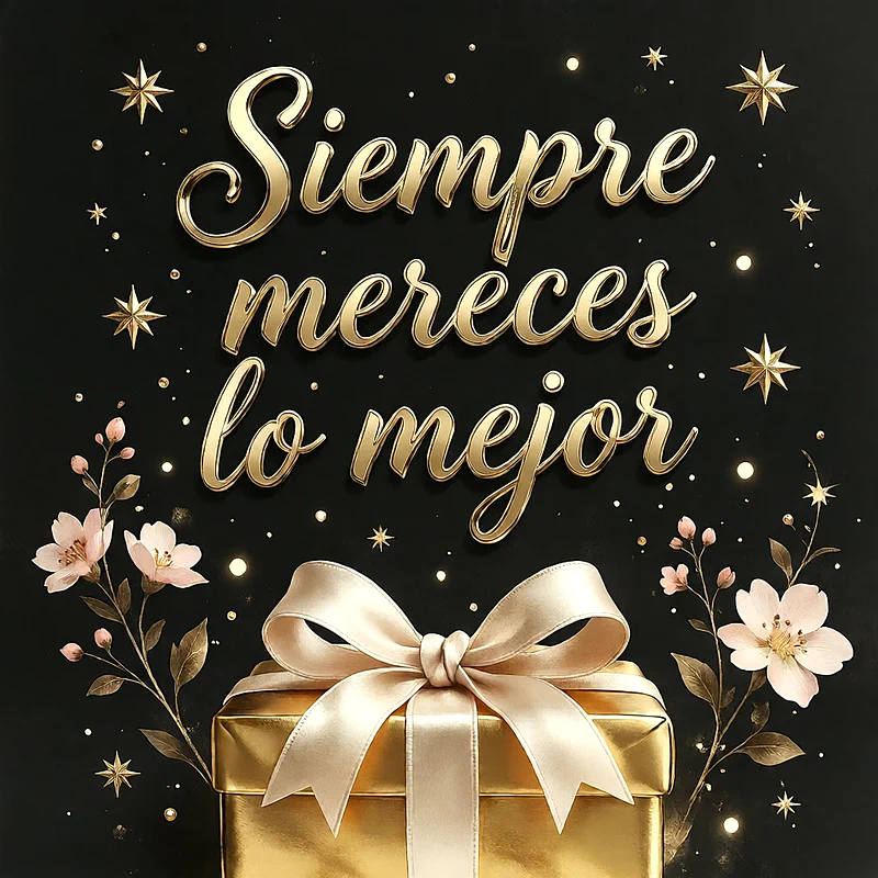 Caja de regalo dorada con lazo elegante sobre fondo negro, decorada con estrellas brillantes y flores delicadas, mensaje de felicitación en letras doradas.