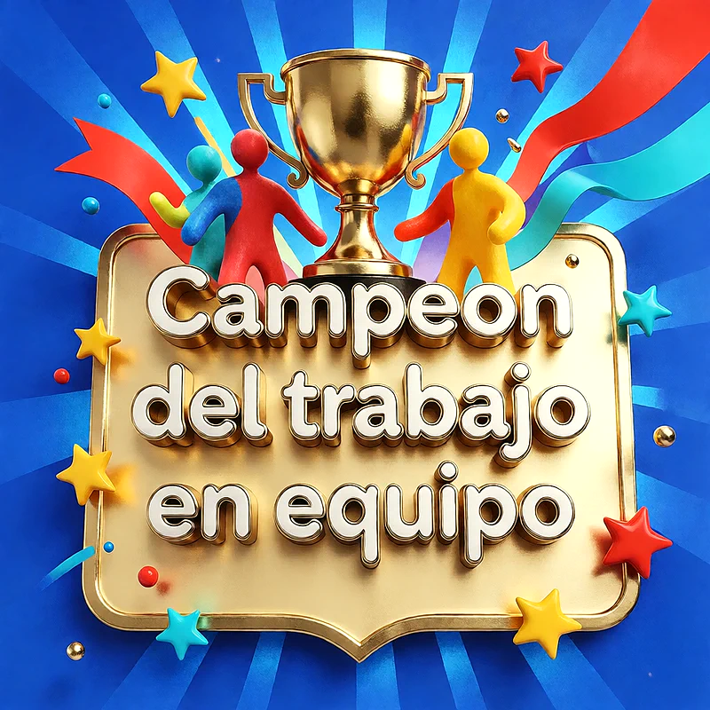 Trofeo dorado rodeado de figuras coloridas, estrellas y cintas sobre fondo azul brillante con mensaje de felicitación en relieve.