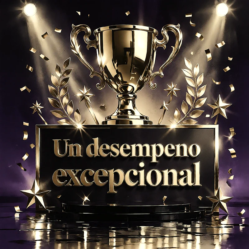 Trofeo dorado brillante sobre un podio negro, decorado con hojas de laurel, estrellas y confeti con un mensaje de felicitación en letras doradas.