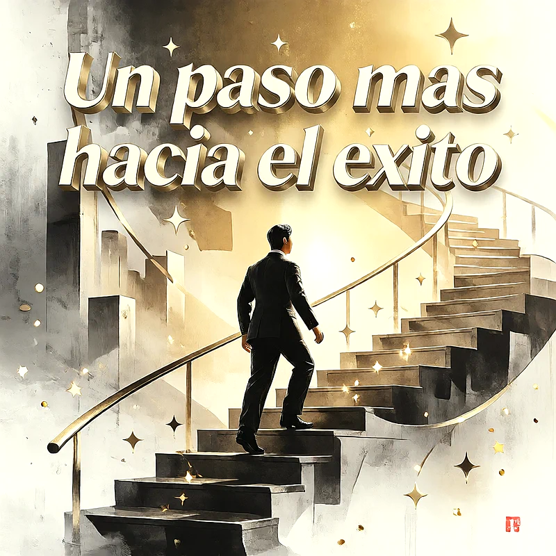 Hombre en traje subiendo una escalera hacia una luz dorada con estrellas y destellos, mensaje de felicitacion en letras 3D doradas.