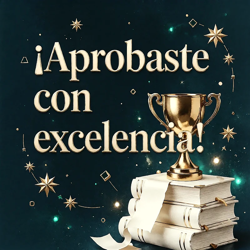 Trofeo dorado sobre una pila de libros blancos con estrellas doradas y mensaje de felicitación en relieve sobre fondo verde oscuro.