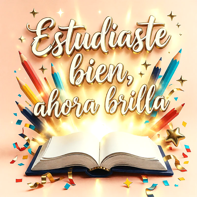 Libro abierto brillante rodeado de lápices de colores, confeti y un mensaje de felicitación en letras doradas sobre fondo beige.