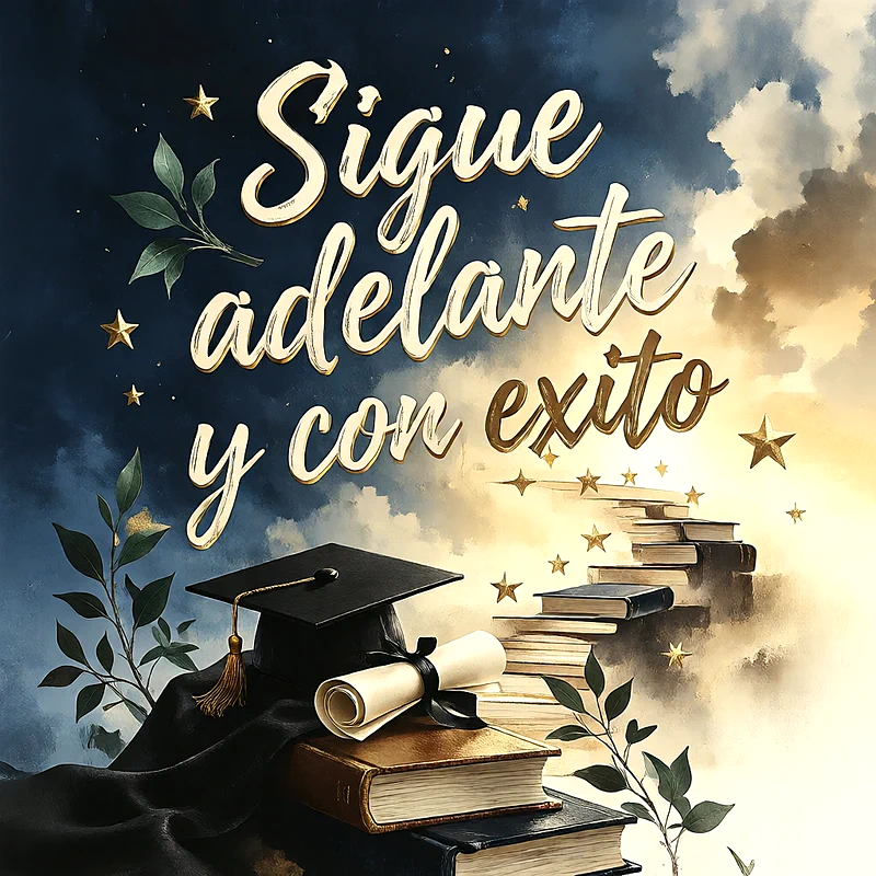 Birrete negro de graduación sobre libros y diploma enrollado, escalera de libros hacia el cielo con estrellas y mensaje de felicitación en letras doradas.