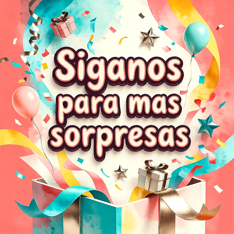 Caja de regalo abierta con globos, serpentinas coloridas, estrellas y pequeños regalos flotando con texto festivo central sobre fondo coral.