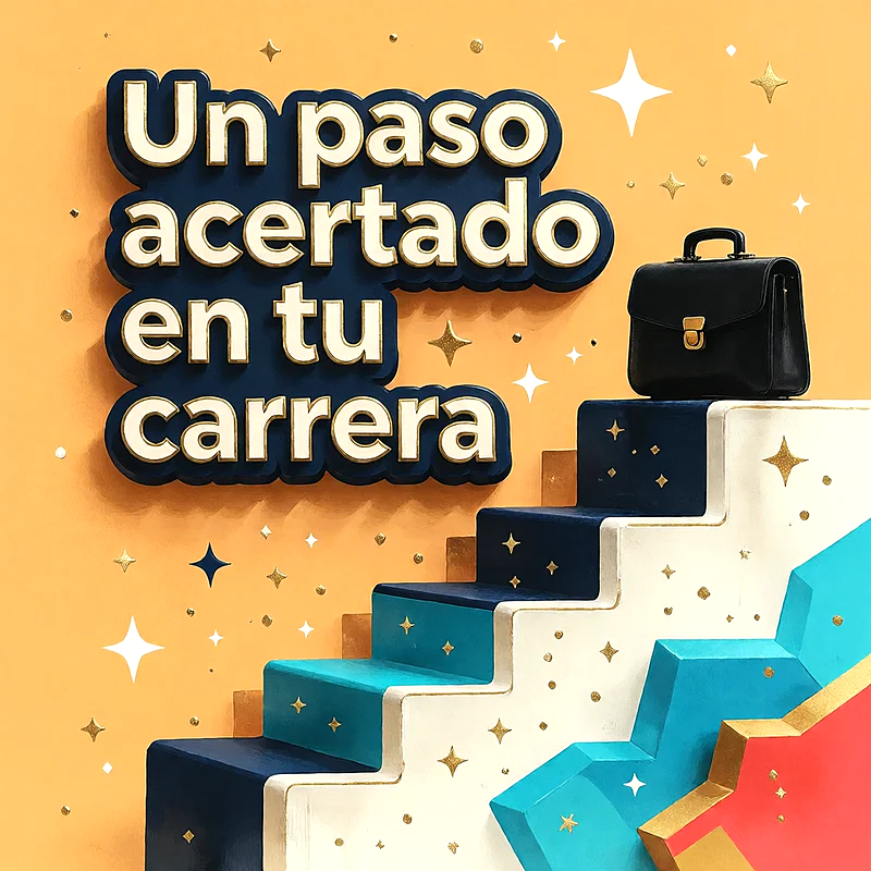 Escalera de colores con un maletín negro en la cima, fondo amarillo con destellos dorados y mensaje de felicitación en letras relieve.