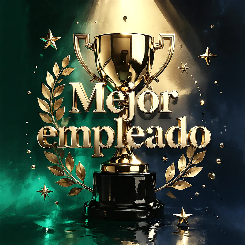 Trofeo dorado sobre peana negra rodeado de hojas de laurel, estrellas brillantes y fondo verde oscuro con mensaje de felicitación en letras doradas.
