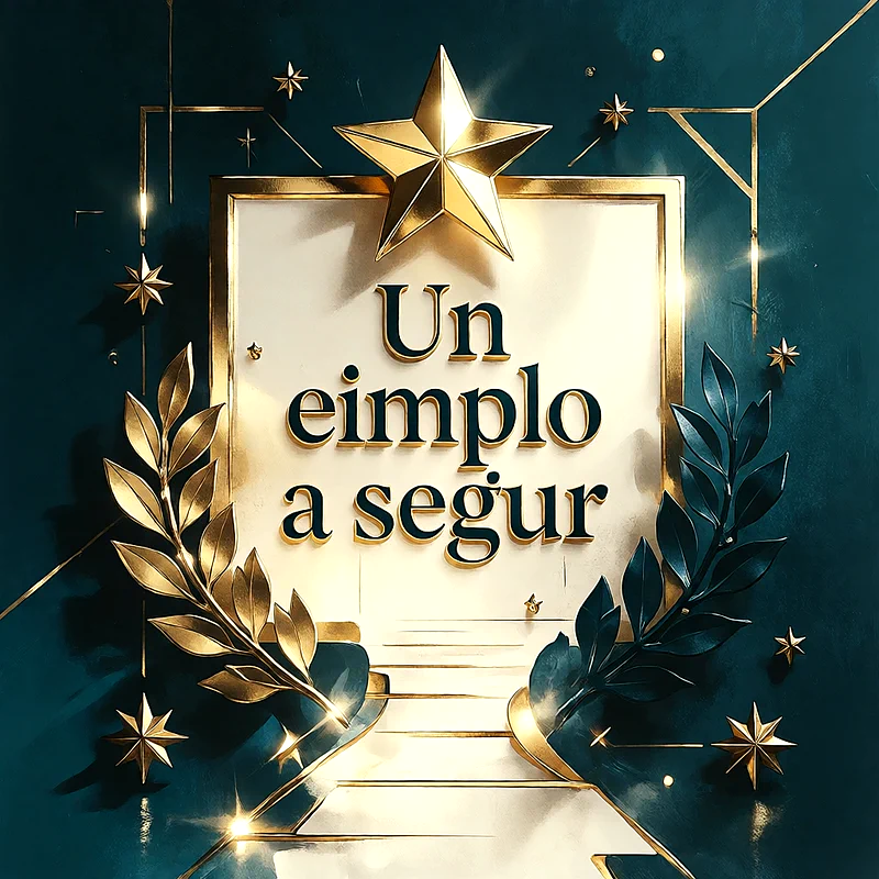 Marco blanco con estrella dorada arriba, ramas de laurel y pequeñas estrellas sobre fondo verde oscuro con mensaje de felicitación.