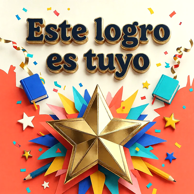 Gran estrella dorada central rodeada de libros pequeños, lápices y confeti colorido sobre un fondo naranja, con un mensaje de felicitación en letras oscuras con borde dorado.