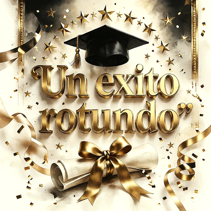Birrete de graduación negro sobre diploma enrollado con lazo dorado, decorado con estrellas y confeti brillante, mensaje de felicitación en letras doradas sobre fondo elegante claro.