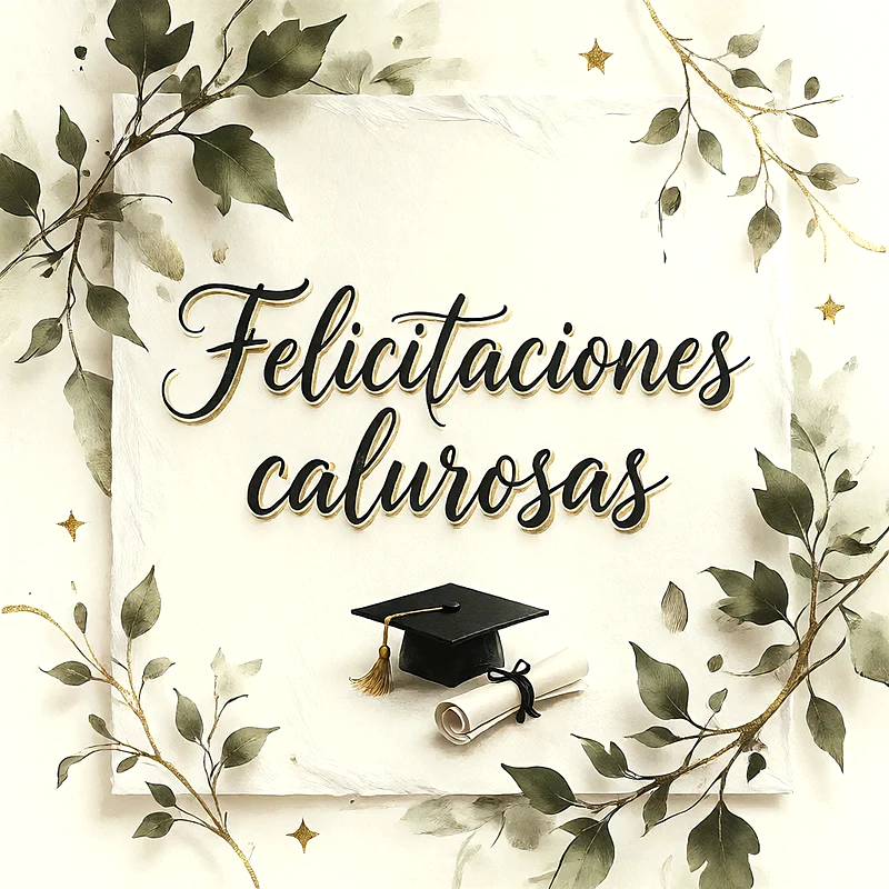 Birrete de graduación y diploma sobre fondo blanco texturizado, decorado con ramas verdes y pequeñas estrellas doradas, con un mensaje de felicitación en letras negras con borde dorado.