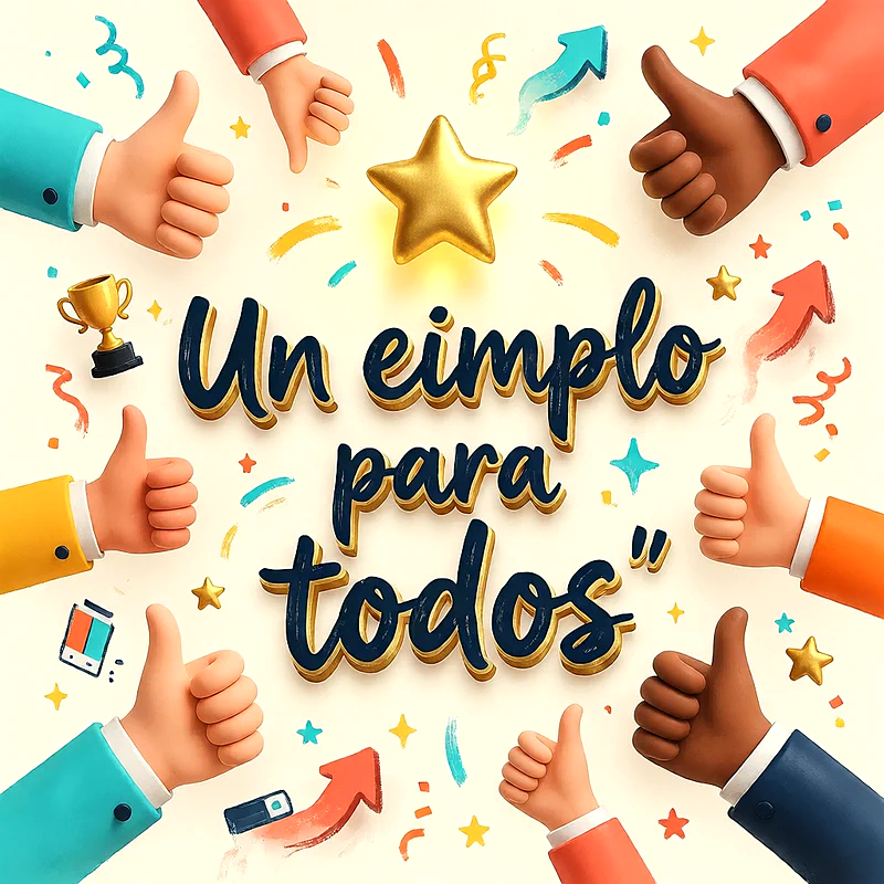 Varias manos haciendo gestos de aprobación con pulgares hacia arriba, rodeadas de una estrella dorada, un trofeo pequeño y confeti colorido sobre un fondo claro, mensaje de felicitación en letras oscuras.