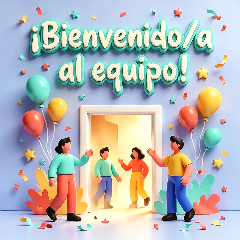 Personajes 3D cruzando una puerta iluminada rodeados de globos, confeti de colores y un mensaje de bienvenida en relieve.
