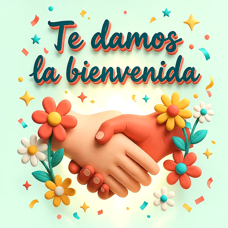 Apretón de manos en estilo tridimensional rodeado de flores coloridas, estrellas y confeti, con mensaje de felicitación en letras verdes y naranjas.