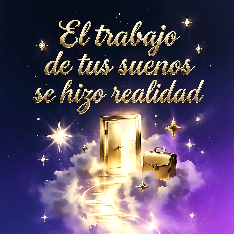 Imagen de nuevo trabajo con una puerta dorada abierta sobre nubes, un maletín de ejecutivo, estrellas brillantes y fondo azul profundo con un mensaje de felicitación en letras doradas.