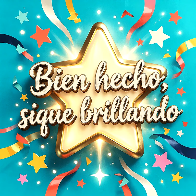 Imagen festiva con una estrella dorada brillante en el centro sobre fondo turquesa, rodeada de cintas de colores y confeti, con un mensaje de felicitación en letras blancas.