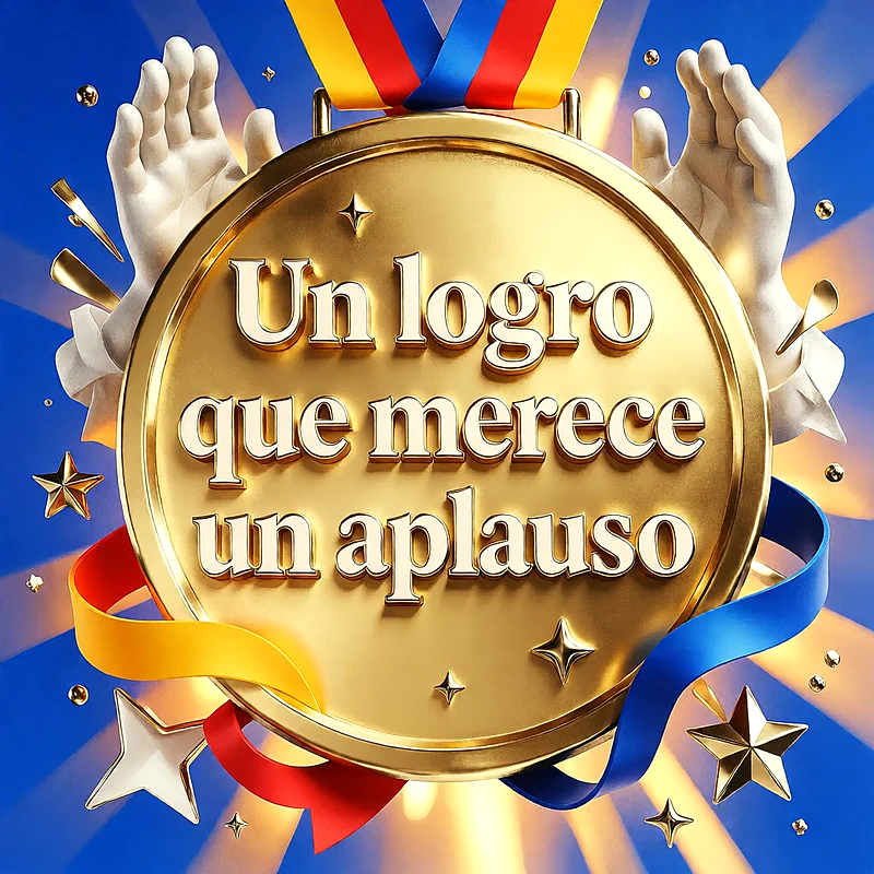 Medalla dorada grande con manos aplaudiendo arriba, rodeada de estrellas y cintas tricolores sobre un fondo azul brillante, con un mensaje de felicitación en letras doradas.