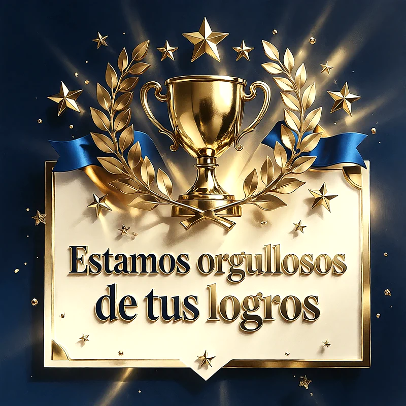 Trofeo dorado con corona de laurel, estrellas brillantes y fondo azul oscuro con mensaje de felicitación en letras doradas.