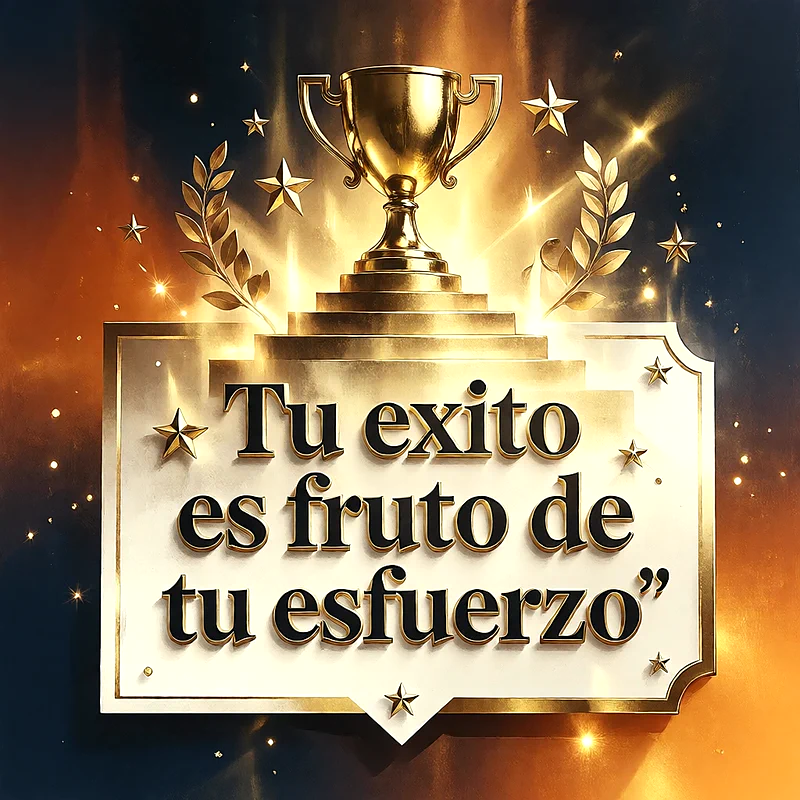 Trofeo dorado brillante sobre pedestal con ramas de laurel y estrellas decorativas sobre fondo oscuro, con un mensaje de felicitación en letras oscuras.