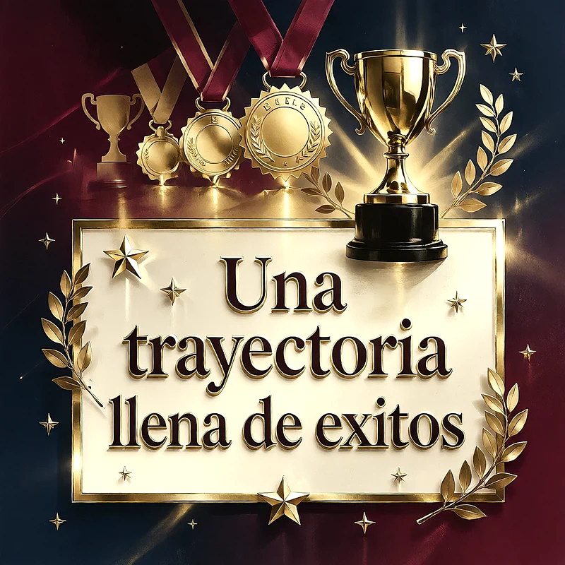 Trofeo dorado brillante y medallas sobre fondo oscuro, Marco con mensaje de felicitación decorado con hojas de laurel y estrellas doradas.