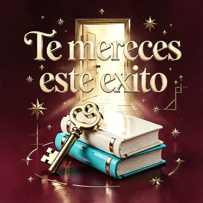 Dos libros apilados con una llave dorada encima, un fondo rojo oscuro con estrellas brillantes, una puerta abierta iluminada y letras doradas.