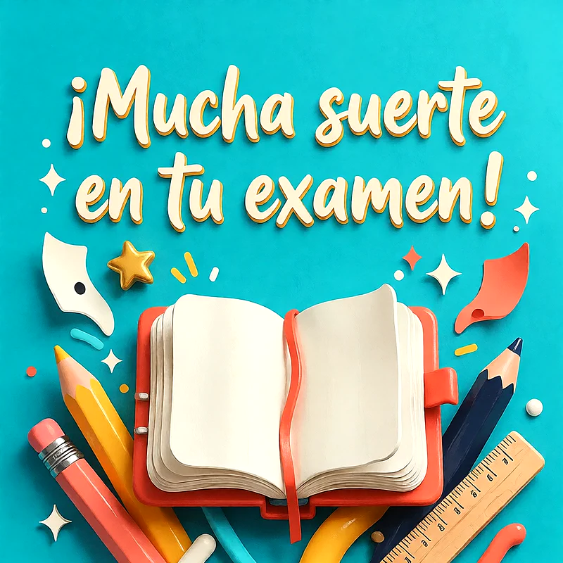 Libreta abierta rodeada de lápices de colores, regla y estrellas sobre fondo azul turquesa con mensaje de ánimo en letras blancas.