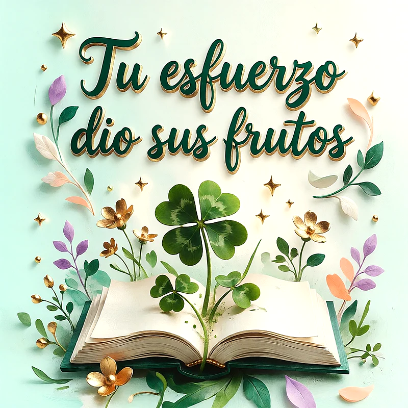 Libro abierto del que brota un trébol de cuatro hojas verde, rodeado de flores doradas, hojas coloridas y mensaje en letras verdes con borde dorado.