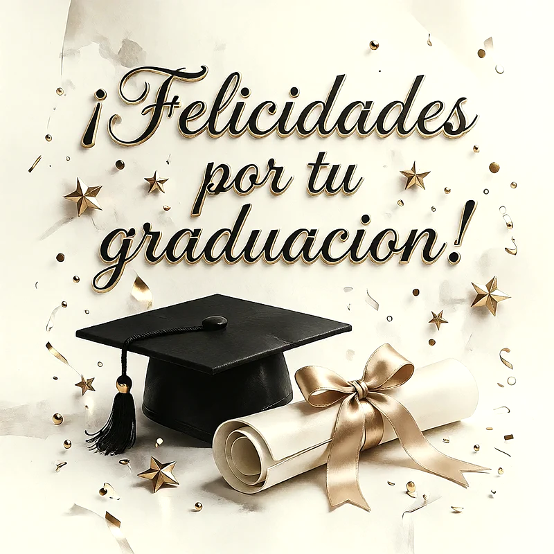 Birrete negro junto a un diploma enrollado con lazo dorado, rodeados de estrellas y confeti con un mensaje de felicitación en letras doradas.