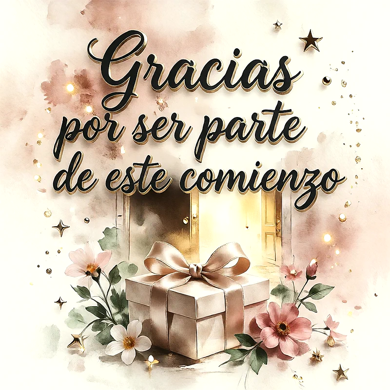 Caja de regalo beige con lazo, flores rosadas y puertas abiertas iluminadas de fondo con estrellas doradas y mensaje de felicitación.
