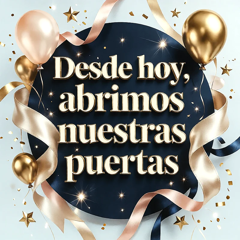 Círculo azul marino con globos dorados, cintas satinadas y estrellas brillantes. Texto de felicitación en letras doradas para inauguración.