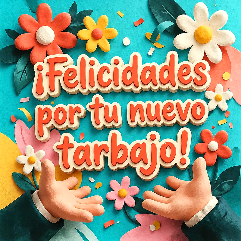 Imagen festiva para nuevo trabajo con manos abiertas y flores de papel en colores brillantes sobre un fondo azul turquesa, mensaje de felicitación en letras relieve.
